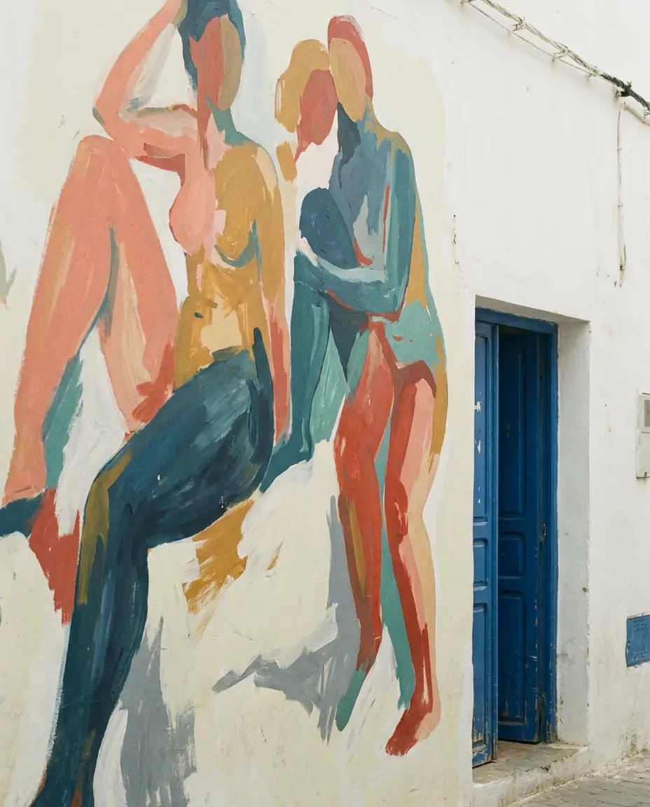Un mural del Moussem en un muro encalado de Asilah